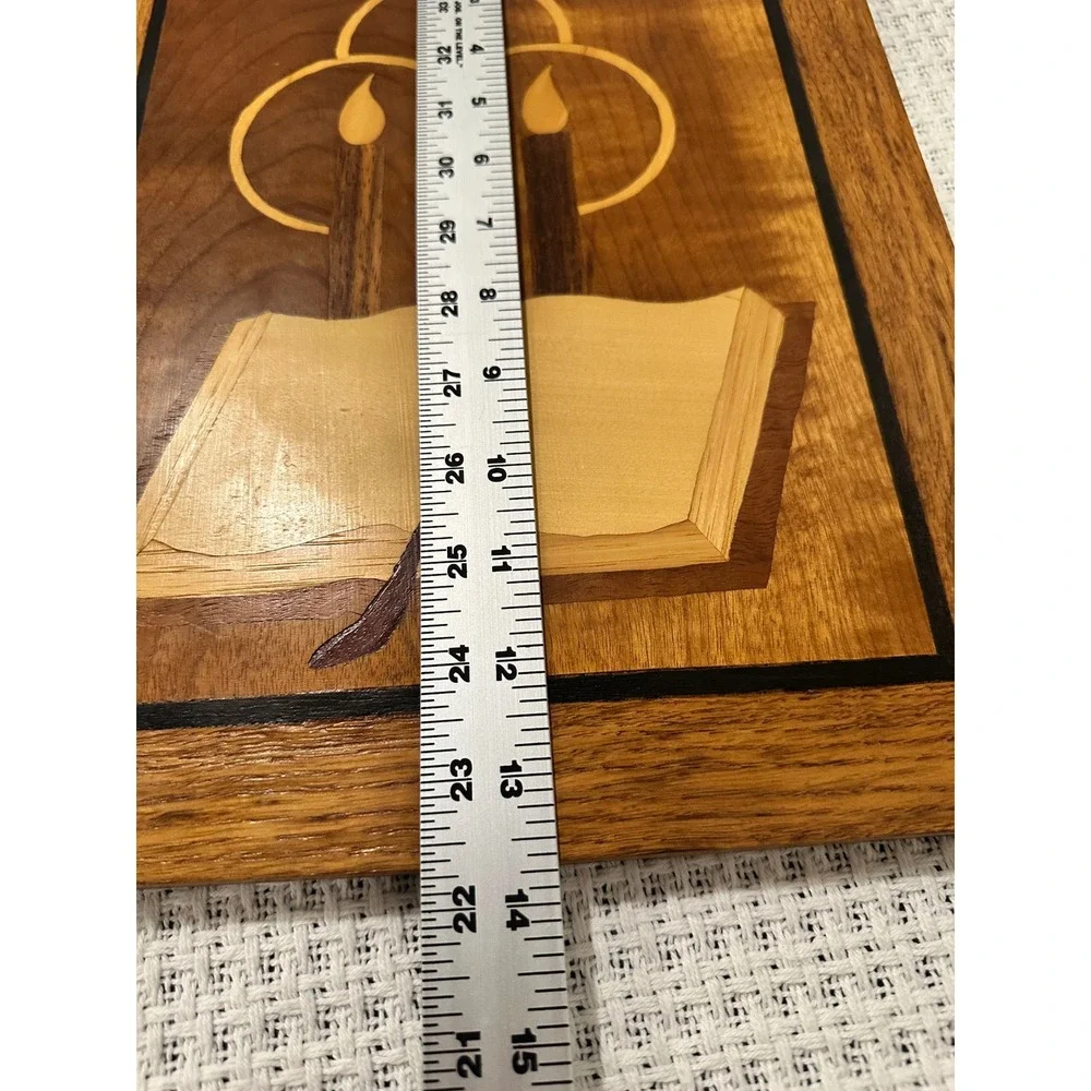 Vintage Marquetry Wood Inlay Wall Art Plaque Candles Book Brown Handmade Art